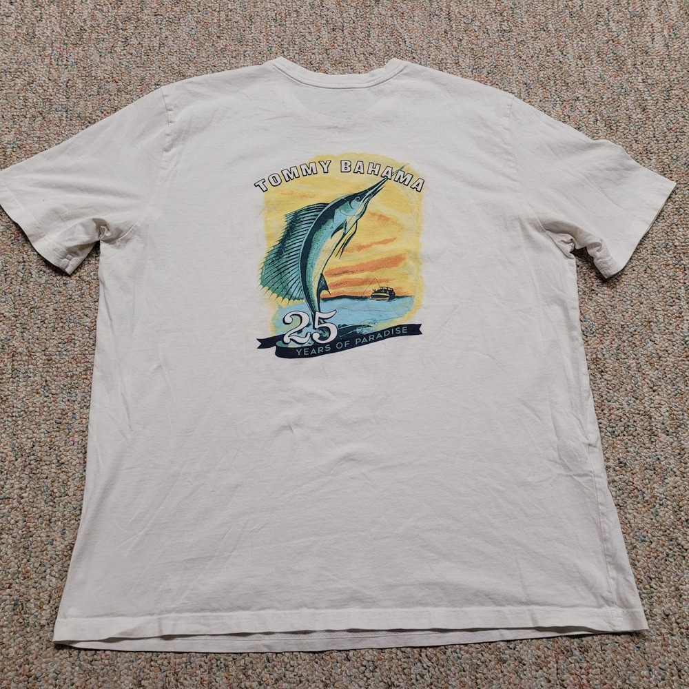 Tommy Bahama‎ Shirt Mens Large White 25 Years Marlin Logo Cotton Casual Outdoors